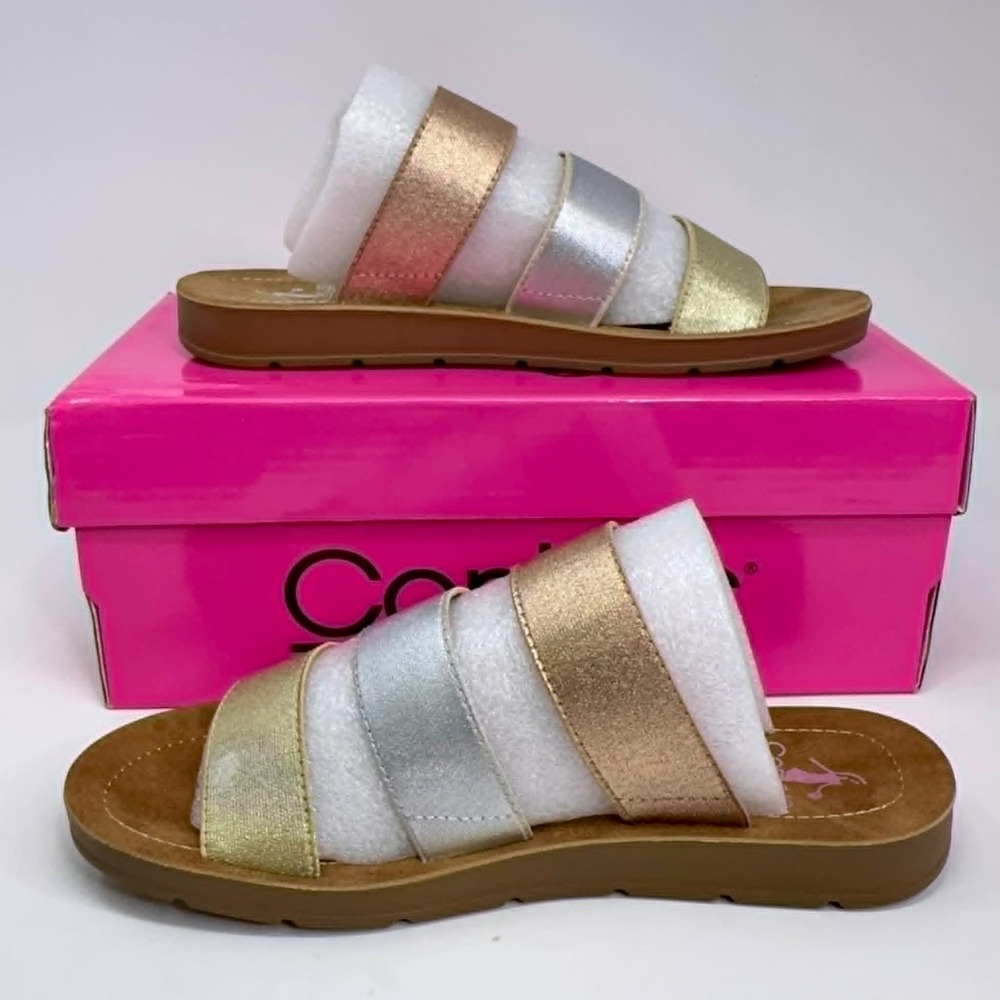 Corkys Dafne Sandals Women's Size 6 Mixed Metallic Slip On Comfort Footbed Strap